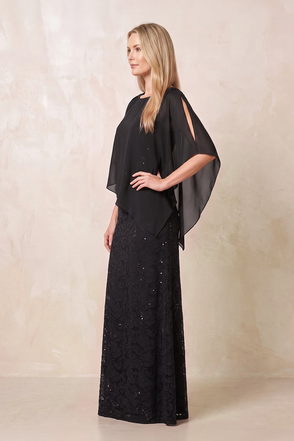 Black Round Neck Lace Sheath Chiffon Cape Sleeves Mother of the Bride Dress (3) | KISSBRIDAL