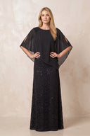 Black Round Neck Lace Sheath Chiffon Cape Sleeves Mother of the Bride Dress | KISSBRIDAL