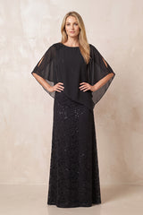 Black Round Neck Lace Sheath Chiffon Cape Sleeves Mother of the Bride Dress | KISSBRIDAL