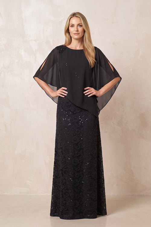 Black Round Neck Lace Sheath Chiffon Cape Sleeves Mother of the Bride Dress | KISSBRIDAL