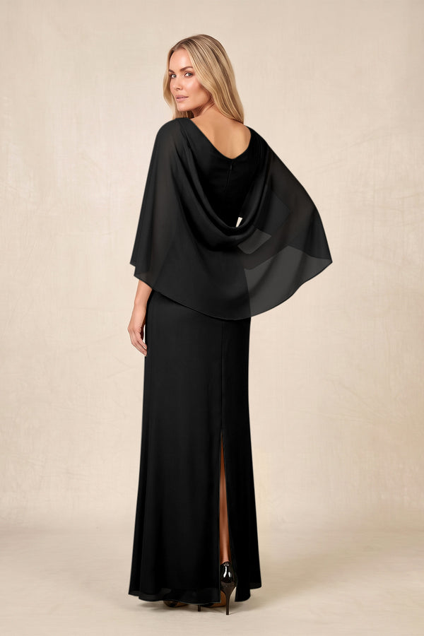 Black Round Neck Sheath Chiffon Cape Sleeves Ruched Mother of the Bride Dress (2) | KISSBRIDAL