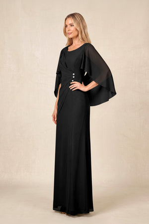 Black Round Neck Sheath Chiffon Cape Sleeves Ruched Mother of the Bride Dress (3) | KISSBRIDAL
