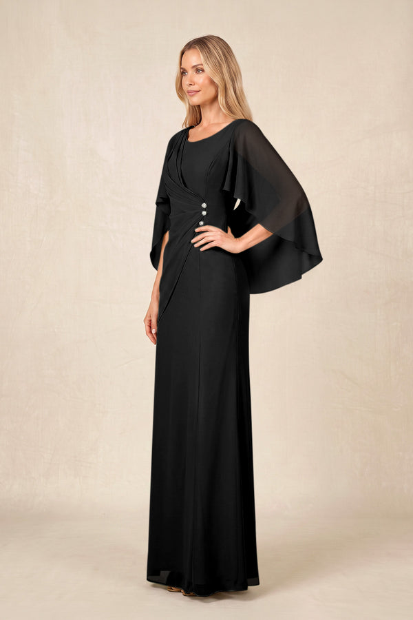 Black Round Neck Sheath Chiffon Cape Sleeves Ruched Mother of the Bride Dress (3) | KISSBRIDAL