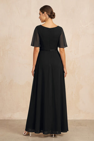 Black Ruched A-Line Chiffon V-Neck Mother of the Bride Dress with Sleeves (2) | KISSBRIDAL