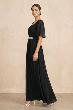 Black Ruched A-Line Chiffon V-Neck Mother of the Bride Dress with Sleeves (3) | KISSBRIDAL