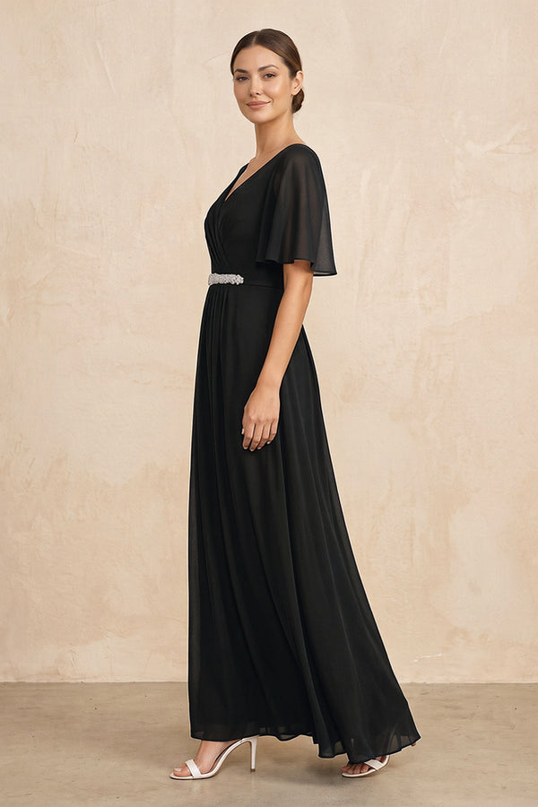 Black Ruched A-Line Chiffon V-Neck Mother of the Bride Dress with Sleeves (3) | KISSBRIDAL