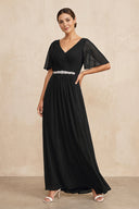 Black Ruched A-Line Chiffon V-Neck Mother of the Bride Dress with Sleeves | KISSBRIDAL