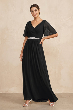 Black Ruched A-Line Chiffon V-Neck Mother of the Bride Dress with Sleeves | KISSBRIDAL