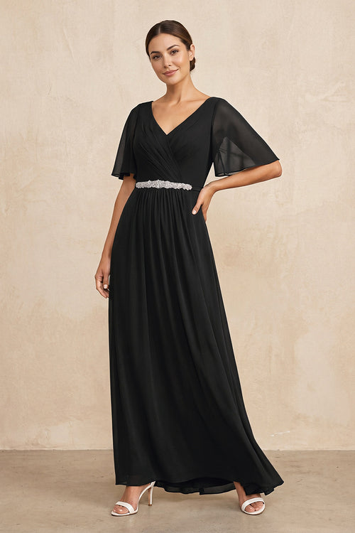 Black Ruched A-Line Chiffon V-Neck Mother of the Bride Dress with Sleeves | KISSBRIDAL