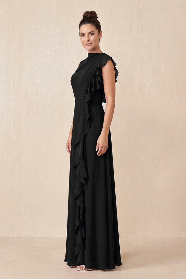 Black Ruffled A-Line Chiffon Mother of the Bride Dress (3) | KISSBRIDAL