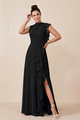 Black Ruffled A-Line Chiffon Mother of the Bride Dress | KISSBRIDAL