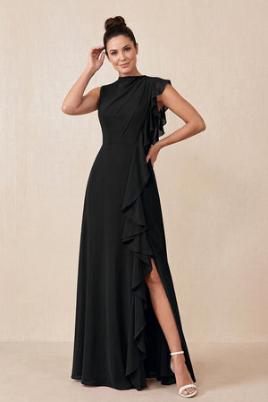 Black Ruffled A-Line Chiffon Mother of the Bride Dress | KISSBRIDAL