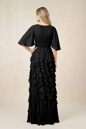 Black Ruffled Chiffon Half Sleeves A-Line Mother of the Bride Dress (2) | KISSBRIDAL