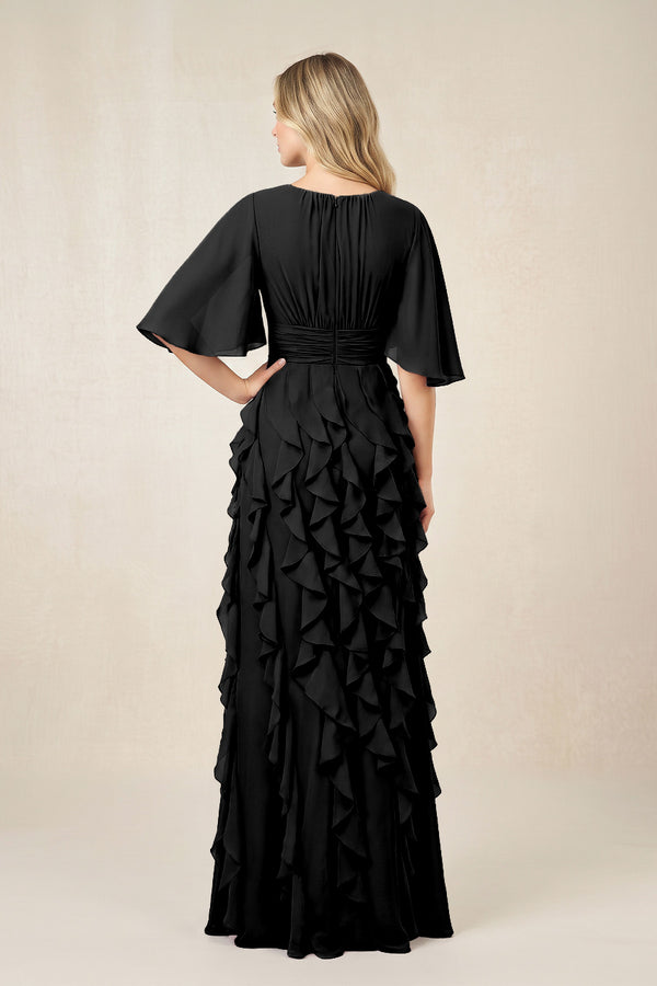 Black Ruffled Chiffon Half Sleeves A-Line Mother of the Bride Dress (2) | KISSBRIDAL