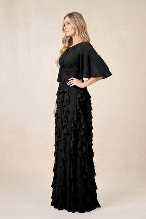 Black Ruffled Chiffon Half Sleeves A-Line Mother of the Bride Dress (3) | KISSBRIDAL