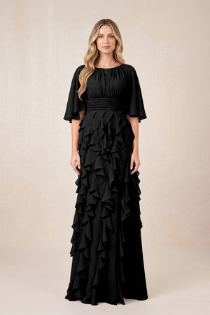Black Ruffled Chiffon Half Sleeves A-Line Mother of the Bride Dress | KISSBRIDAL