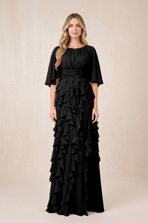 Black Ruffled Chiffon Half Sleeves A-Line Mother of the Bride Dress | KISSBRIDAL