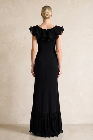 Black Ruffled Sheath V-Neck Mother of the Bride Dress With Slit (2) | KISSBRIDAL