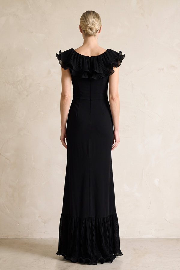 Black Ruffled Sheath V-Neck Mother of the Bride Dress With Slit (2) | KISSBRIDAL