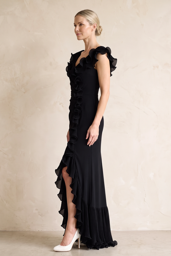 Black Ruffled Sheath V-Neck Mother of the Bride Dress With Slit (3) | KISSBRIDAL