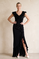 Black Ruffled Sheath V-Neck Mother of the Bride Dress With Slit | KISSBRIDAL