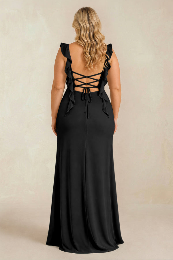 Black Ruffled Sleeve Ruched Sheath Chiffon Bridesmaid Dress (2) [sizeplus] | KISSBRIDAL