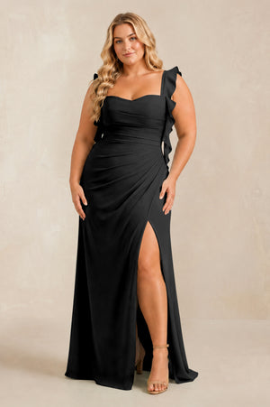 Black Ruffled Sleeve Ruched Sheath Chiffon Bridesmaid Dress [sizeplus] | KISSBRIDAL