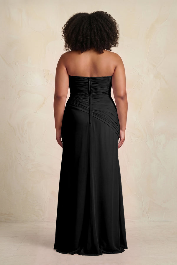 Black Sheath Chiffon Strapless Pleated Bridesmaid Dress (2) | KISSBRIDAL[sizeplus]