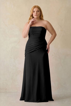 Black Sheath Chiffon Strapless Pleated Bridesmaid Dress (3) | KISSBRIDAL[sizeplus]