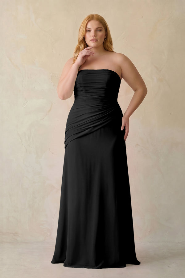 Black Sheath Chiffon Strapless Pleated Bridesmaid Dress (3) | KISSBRIDAL[sizeplus]