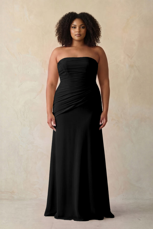 Black Sheath Chiffon Strapless Pleated Bridesmaid Dress | KISSBRIDAL[sizeplus]
