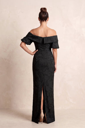 Black Sheath Jacquard Off-the-Shoulder Ruched Mother of the Bride Dress (2) | KISSBRIDAL