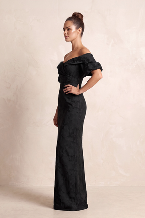 Black Sheath Jacquard Off-the-Shoulder Ruched Mother of the Bride Dress (3) | KISSBRIDAL
