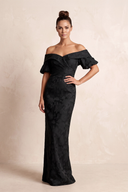 Black Sheath Jacquard Off-the-Shoulder Ruched Mother of the Bride Dress | KISSBRIDAL