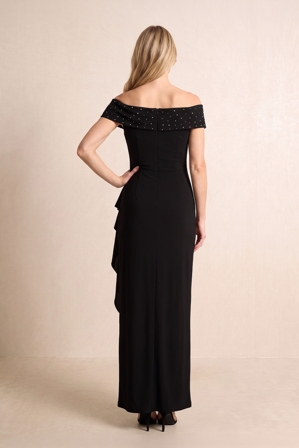 Black Sheath Linen Off-the-Shoulder Ruffled Mother of the Bride Dress (2) | KISSBRIDAL