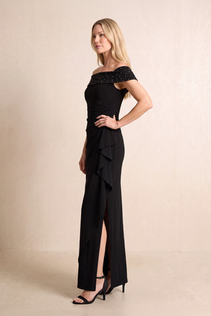 Black Sheath Linen Off-the-Shoulder Ruffled Mother of the Bride Dress (3) | KISSBRIDAL