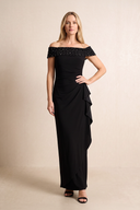 Black Sheath Linen Off-the-Shoulder Ruffled Mother of the Bride Dress | KISSBRIDAL