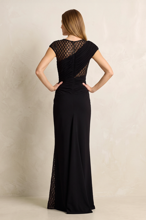 Black Sheath Pleated Cap Sleeves Long Mother of the Bride Dress (2) | KISSBRIDAL