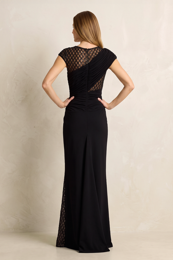 Black Sheath Pleated Cap Sleeves Long Mother of the Bride Dress (2) | KISSBRIDAL