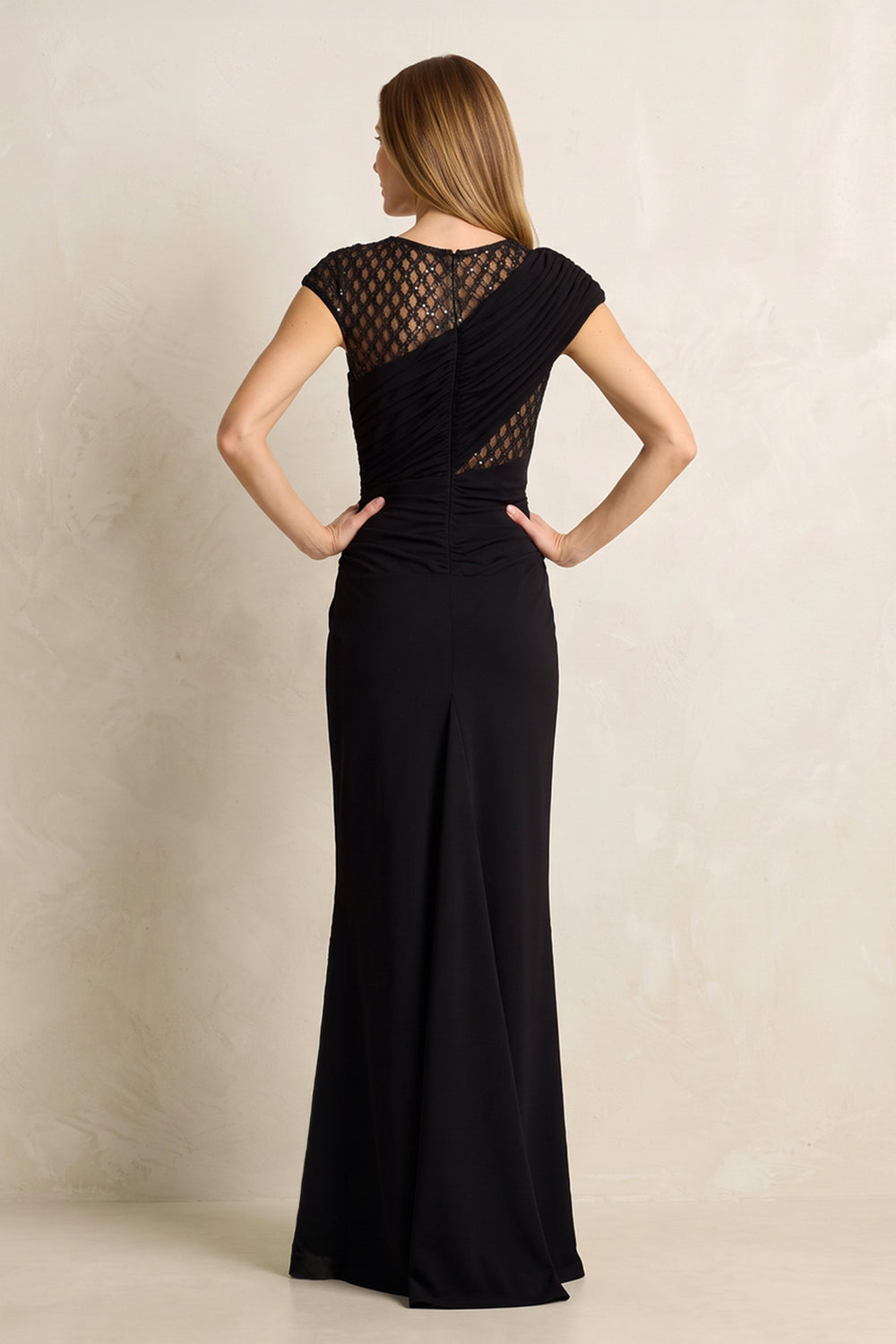 Black Sheath Pleated Cap Sleeves Long Mother of the Bride Dress