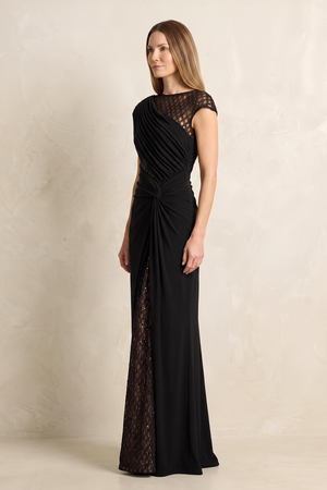 Black Sheath Pleated Cap Sleeves Long Mother of the Bride Dress (3) | KISSBRIDAL