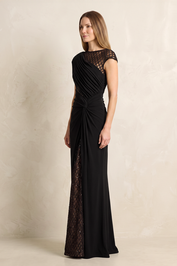 Black Sheath Pleated Cap Sleeves Long Mother of the Bride Dress (3) | KISSBRIDAL