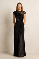 Black Sheath Pleated Cap Sleeves Long Mother of the Bride Dress | KISSBRIDAL