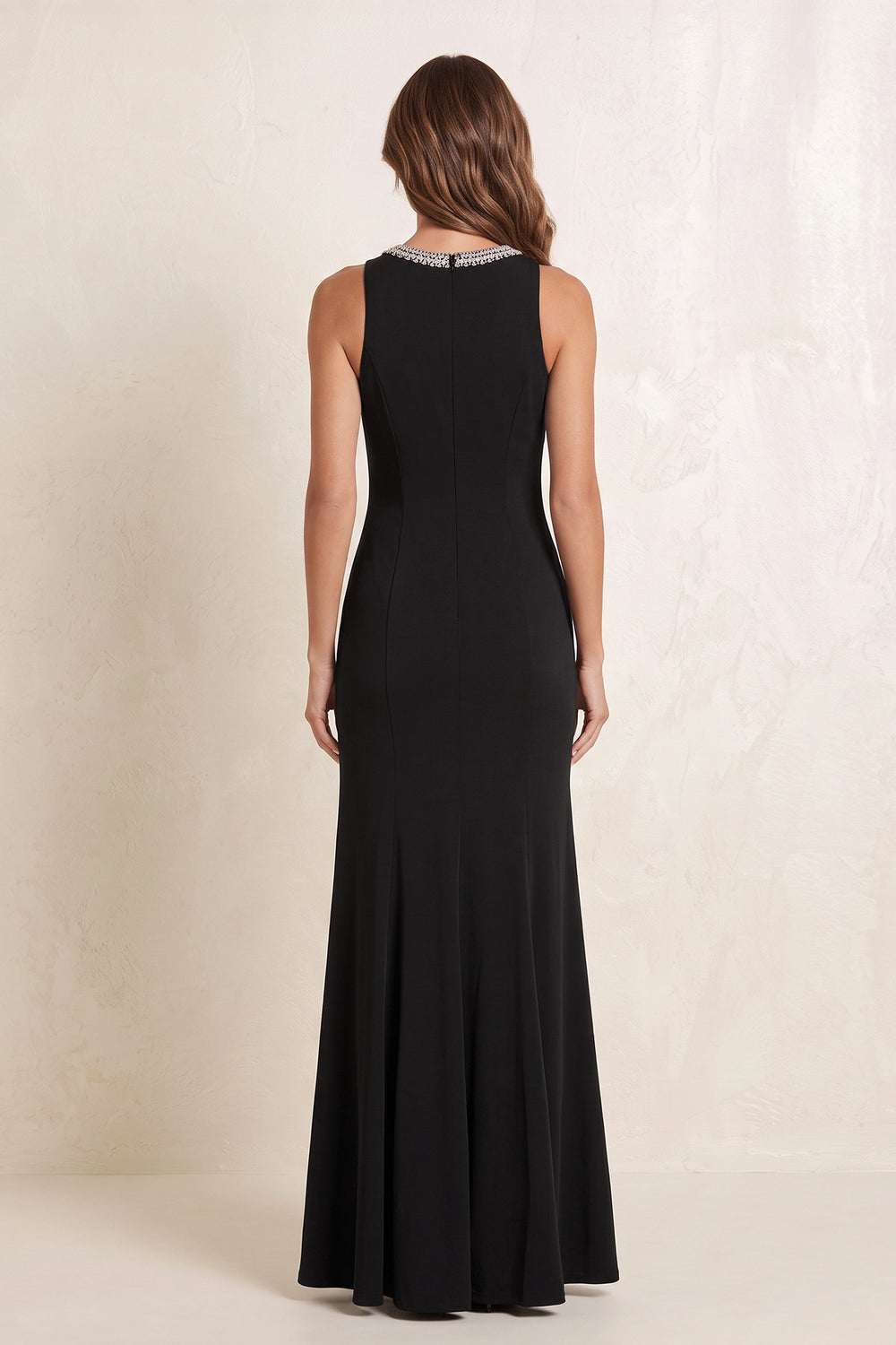 Black Sheath Satin Beaded Round Neck Mother of the Bride Dress