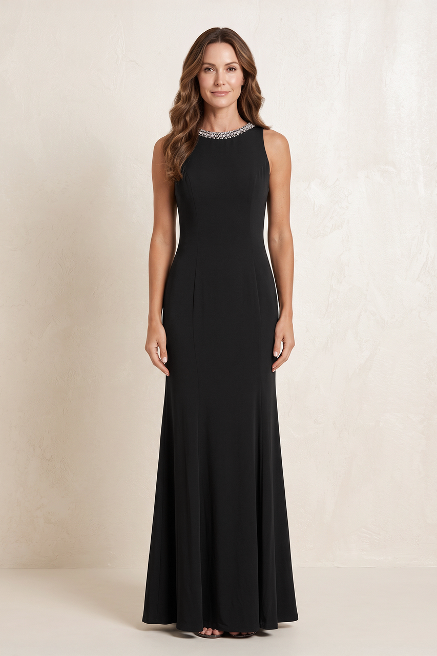 Black Sheath Satin Beaded Round Neck Mother of the Bride Dress
