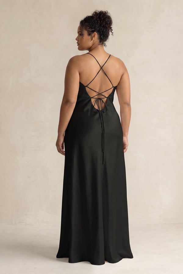 Black Sheath Satin Spaghetti Strap Bridesmaid Dress (2) | KISSBRIDAL[sizeplus]