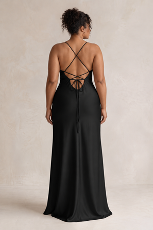Black Sheath Satin Spaghetti Strap Bridesmaid Dress (2) [sizeplus] | KISSBRIDAL