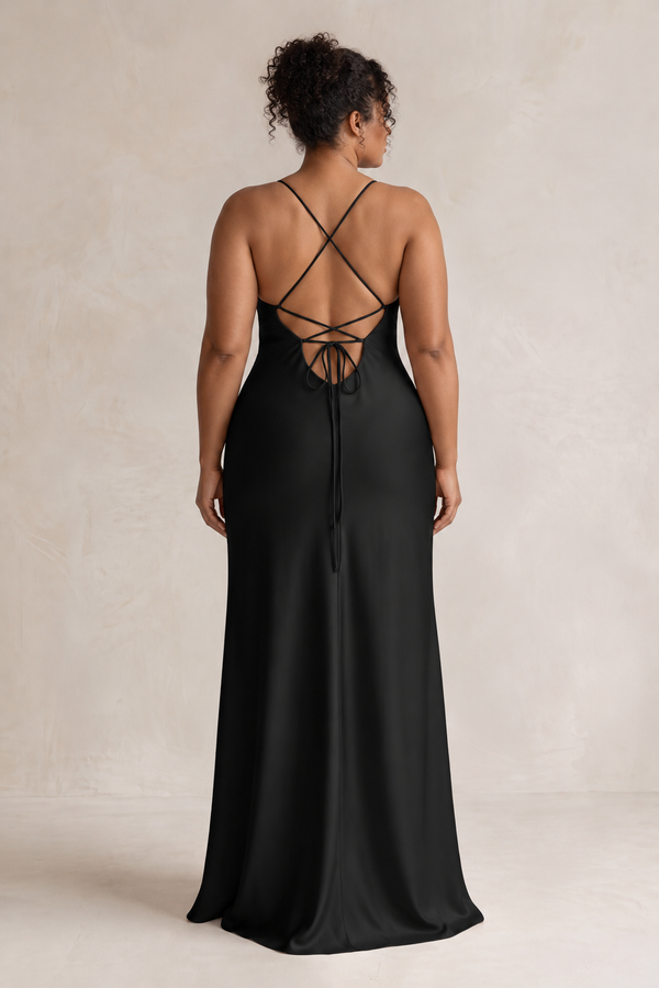 Black Sheath Satin Spaghetti Strap Bridesmaid Dress (2) [sizeplus] | KISSBRIDAL