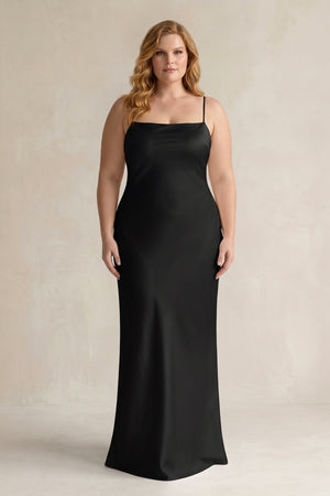 Black Sheath Satin Spaghetti Strap Bridesmaid Dress (3) | KISSBRIDAL[sizeplus]