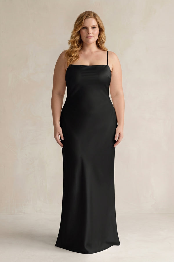 Black Sheath Satin Spaghetti Strap Bridesmaid Dress (3) | KISSBRIDAL[sizeplus]